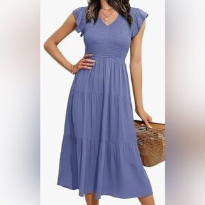 Women's Casual Flutter Short Sleeve Smocked Elastic Waist Midi Dress Blue